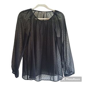 Point Sur Black Sheer Dot Embroidered 3/4 Sleeve Blouse